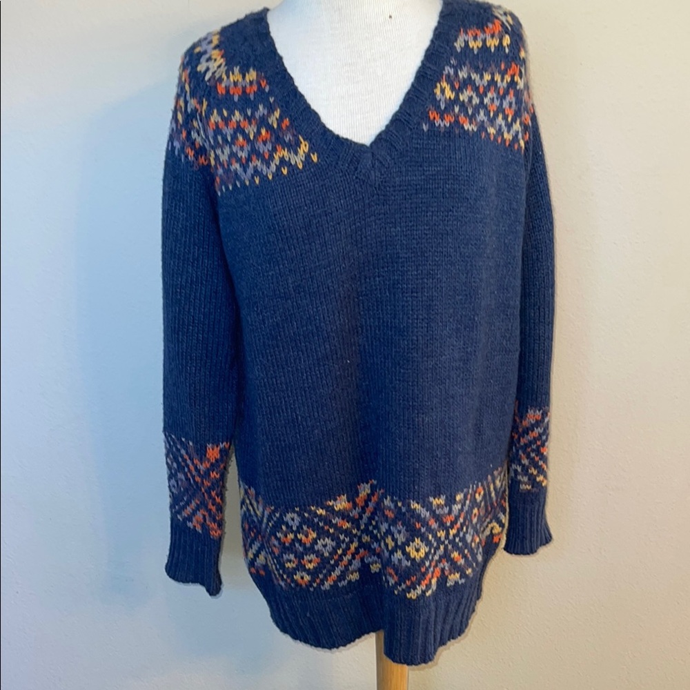 Natural Reflections Blue thick Sweater with Fair Isle Multicolor Accents